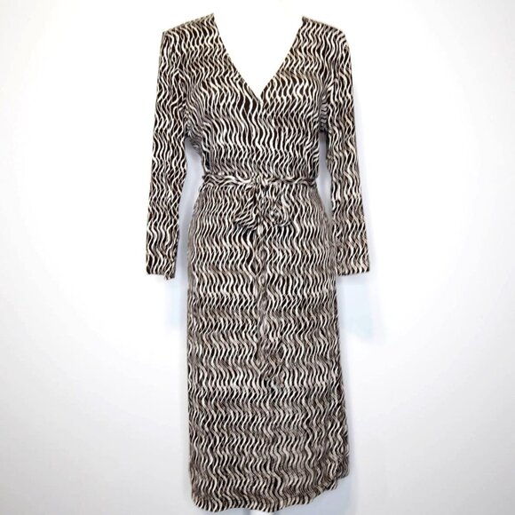 Rafaella Brown & White Print 3/4 Sleeve Retro Midi Wrap Dress - S. Rayon blend - Picture 1 of 2